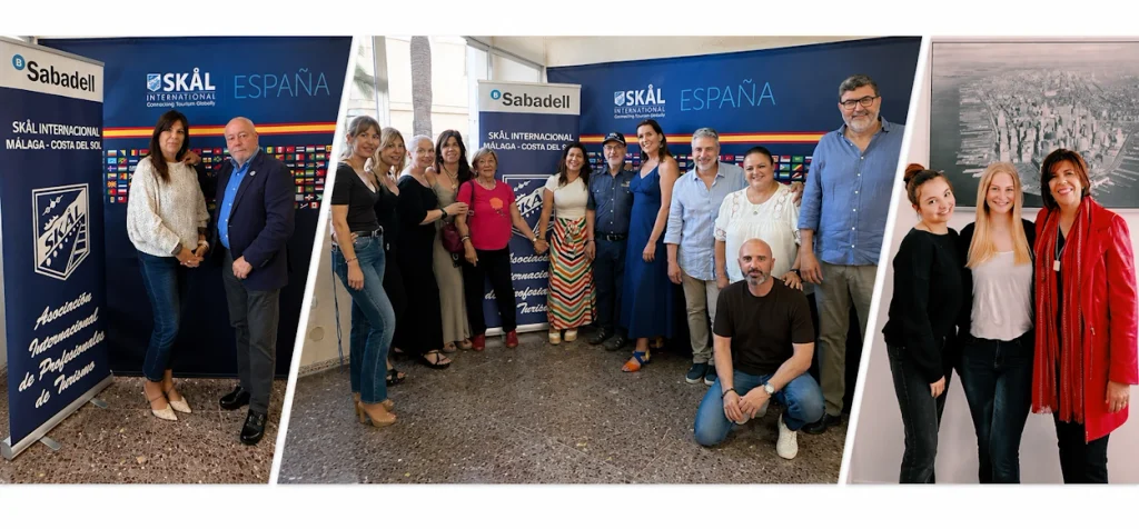 Grupo de personas en evento de SKAL en Andalucía con banners de España y Sabadell.