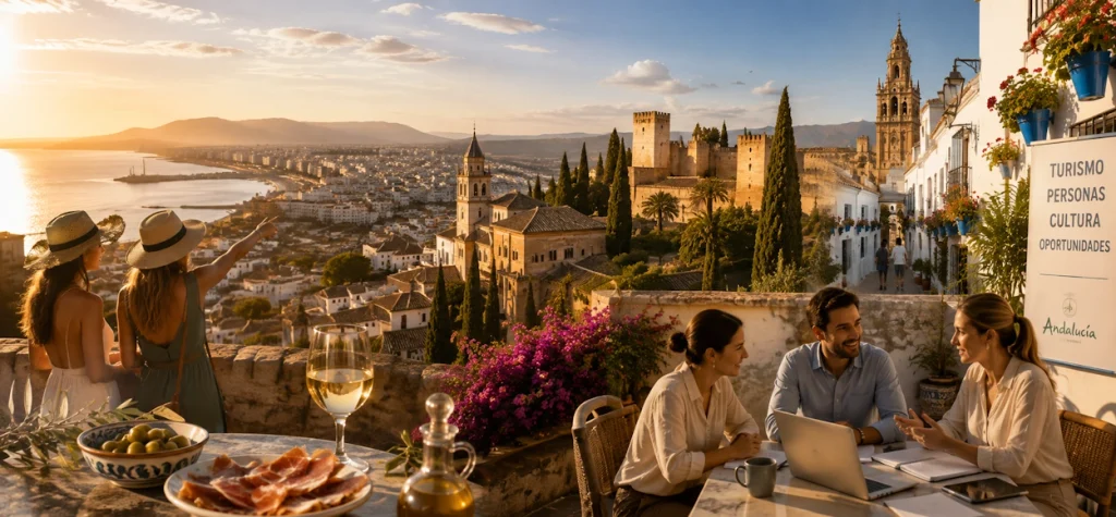 Vistas de Andalucía con paisaje urbano, montañas y cielo al atardecer.