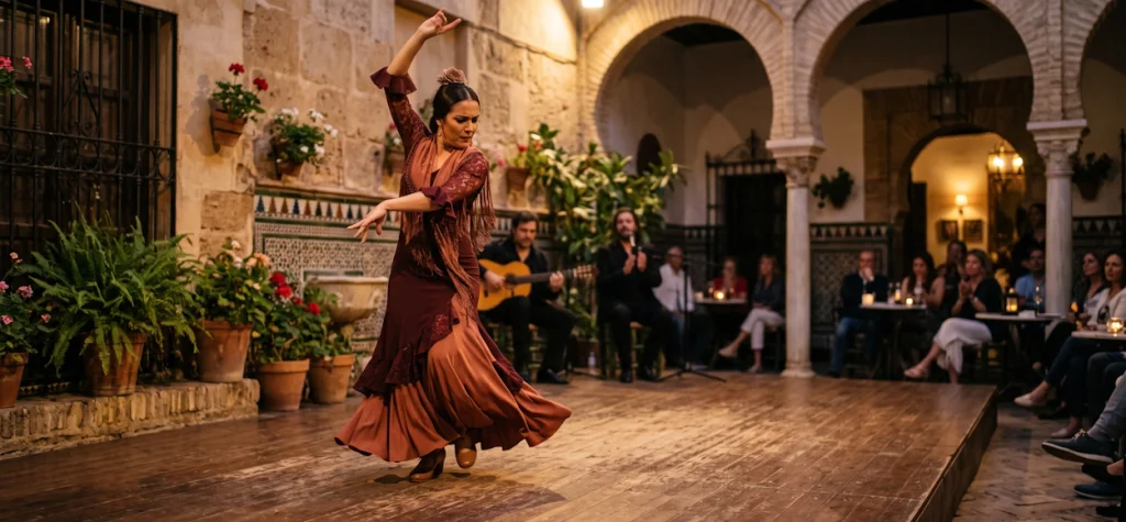 Danza flamenca en un patio sevillano con público y músicos en vivo.