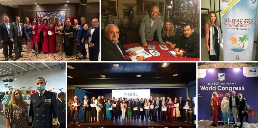Josefa Díaz Delgado junto a profesionales y amigos en diferentes encuentros de Skål